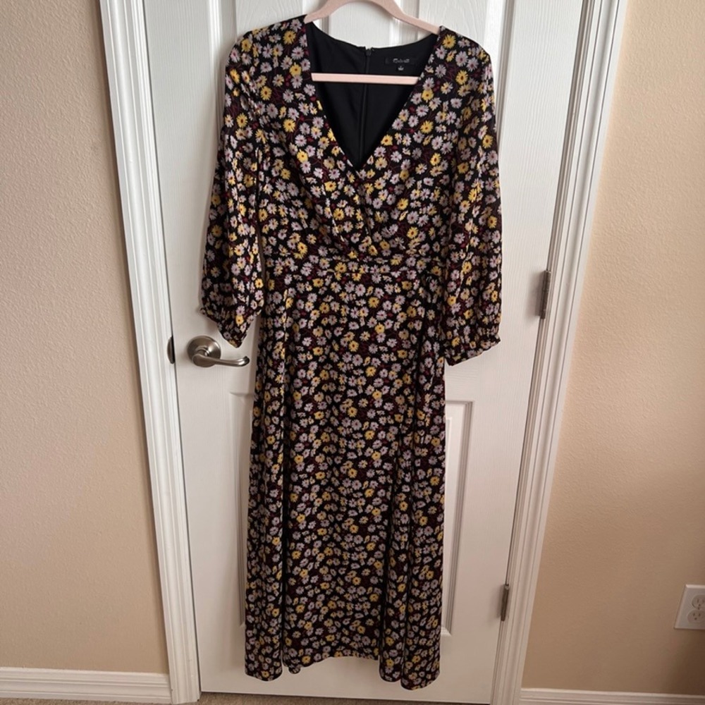 Madewell Floral Print‎ Wrap Front Long Sleeve Dress V-Neck Black Size 2